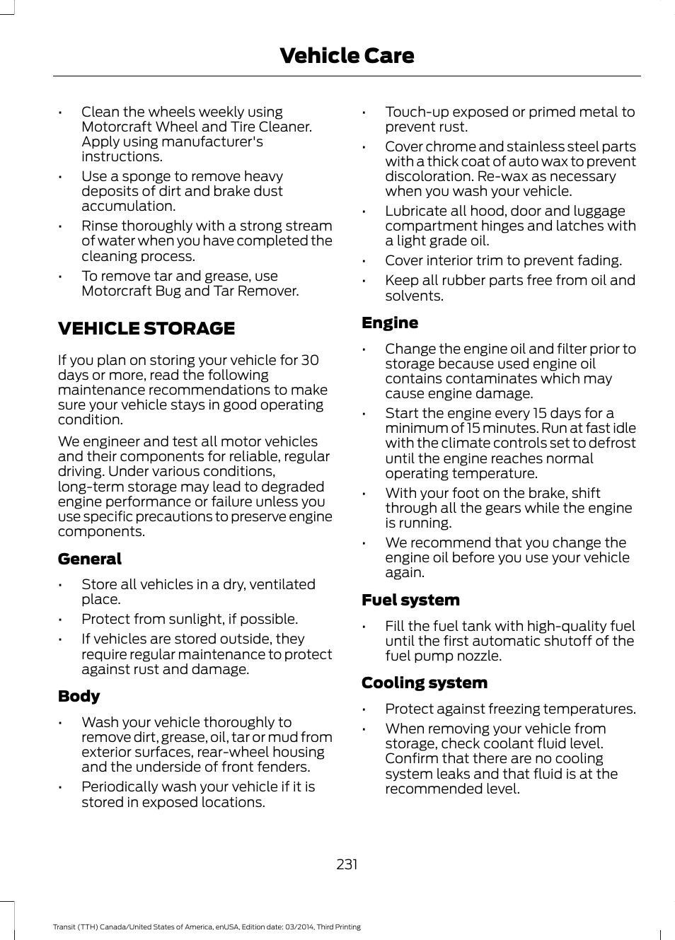 Vehicle storage, Vehicle care | FORD 2015 Transit v.2 User Manual | Page 234 / 467