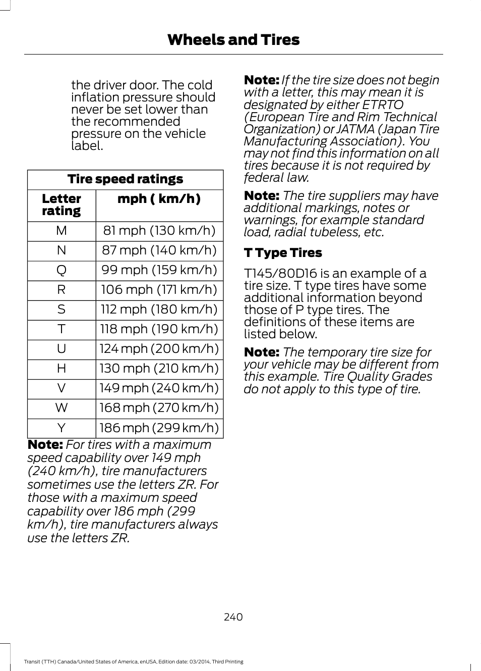 Wheels and tires | FORD 2015 Transit v.2 User Manual | Page 243 / 467
