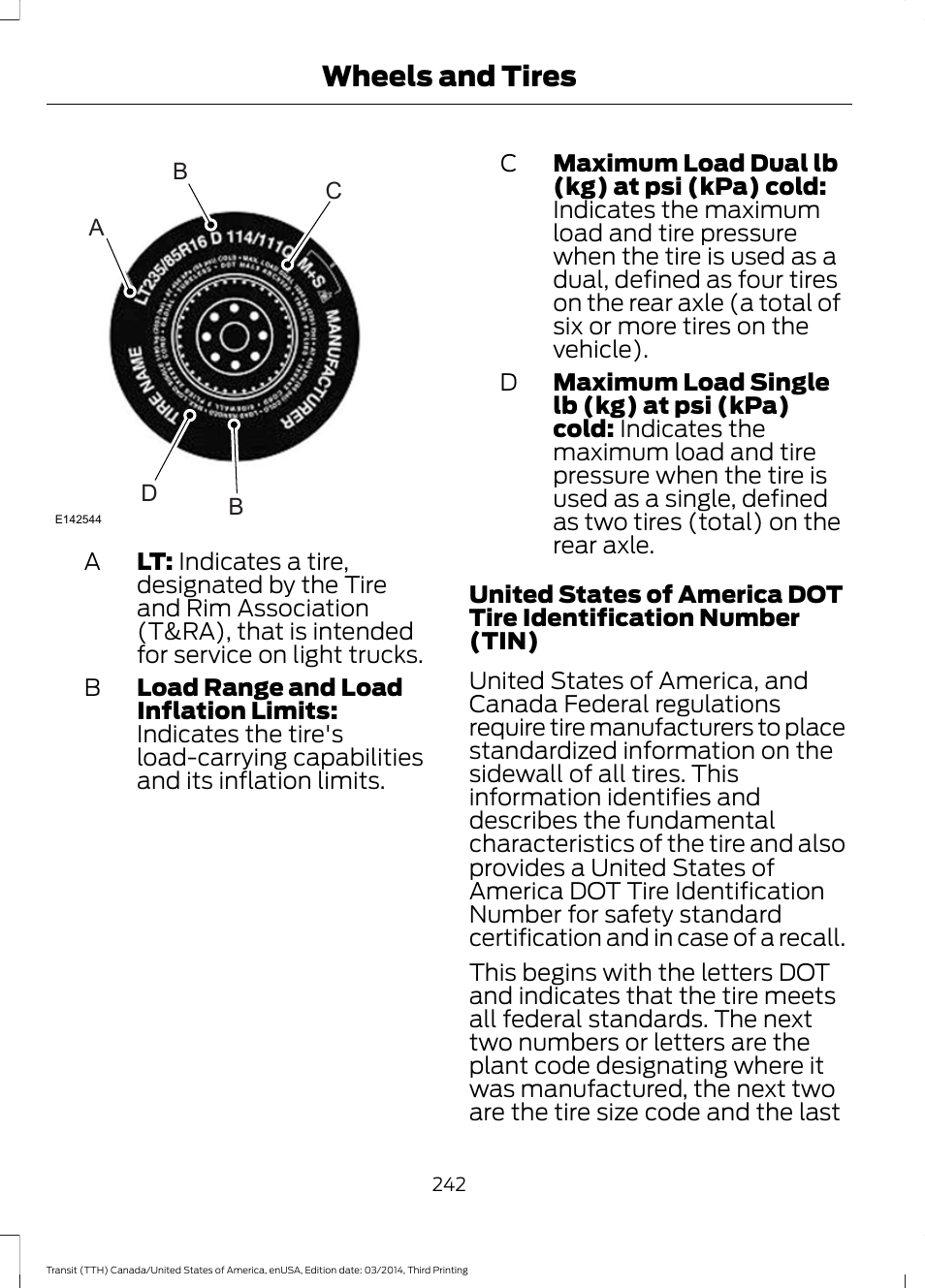 Wheels and tires | FORD 2015 Transit v.2 User Manual | Page 245 / 467