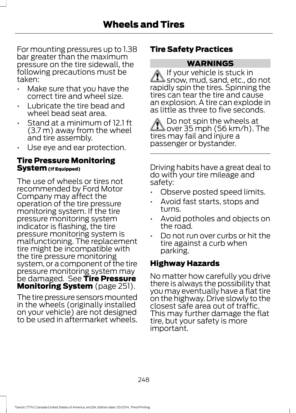 Wheels and tires | FORD 2015 Transit v.2 User Manual | Page 251 / 467