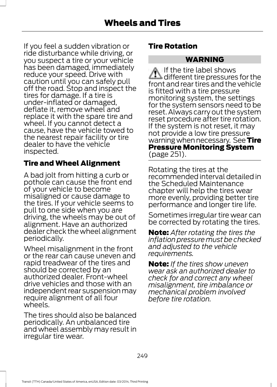 Wheels and tires | FORD 2015 Transit v.2 User Manual | Page 252 / 467