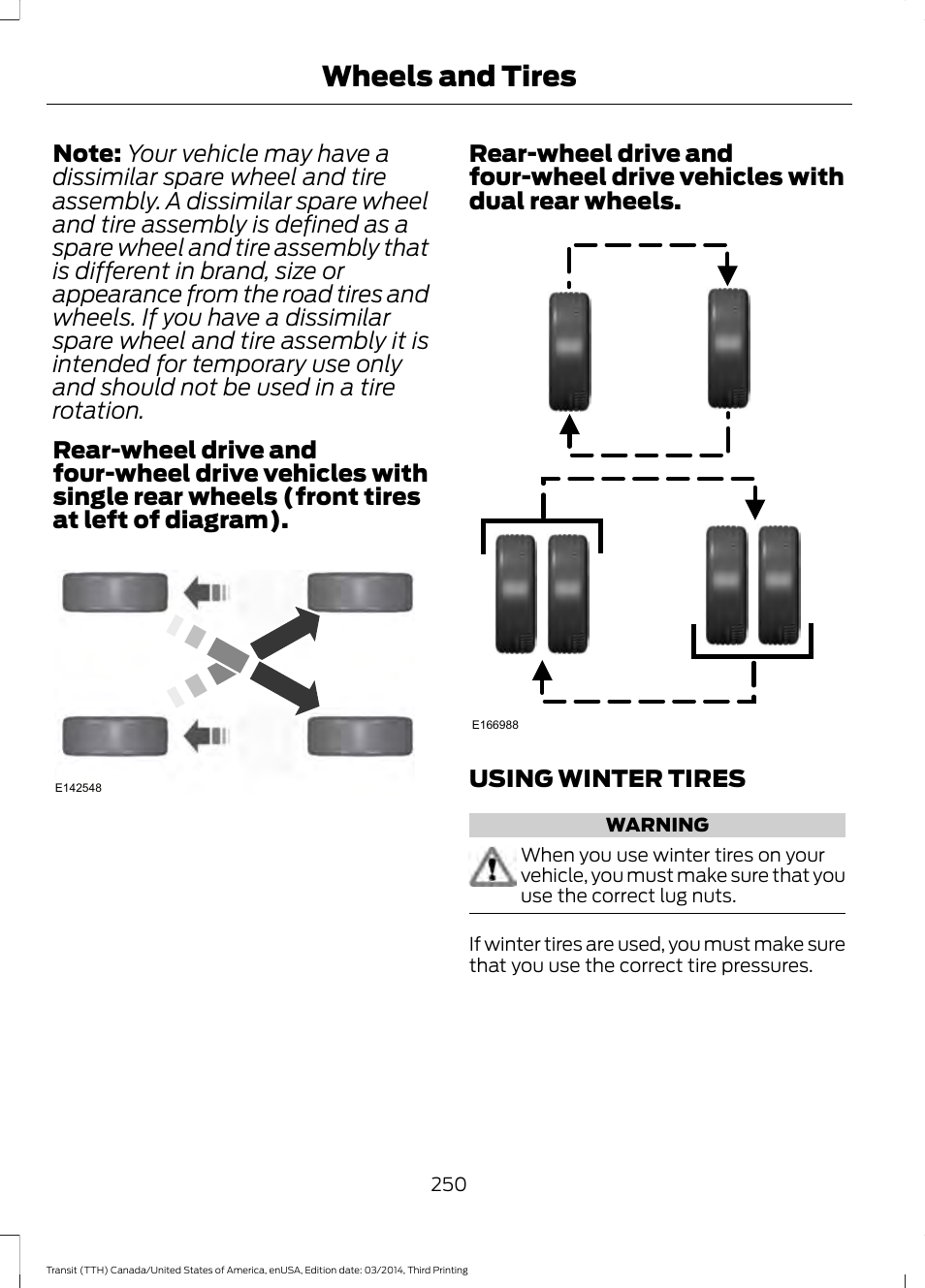 Using winter tires, Wheels and tires | FORD 2015 Transit v.2 User Manual | Page 253 / 467