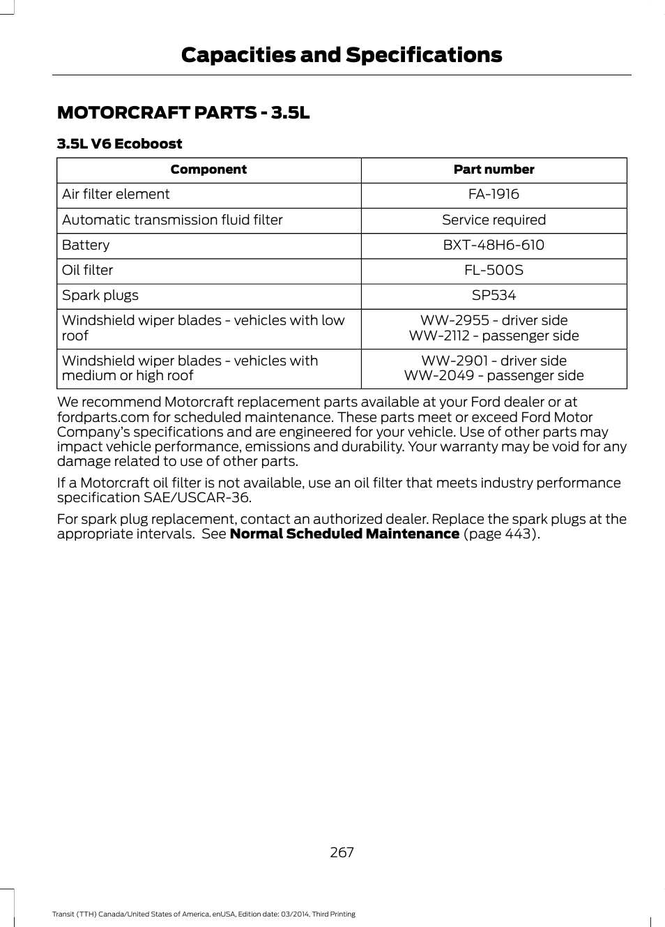 Motorcraft parts, Motorcraft parts - 3.5l, Capacities and specifications | FORD 2015 Transit v.2 User Manual | Page 270 / 467