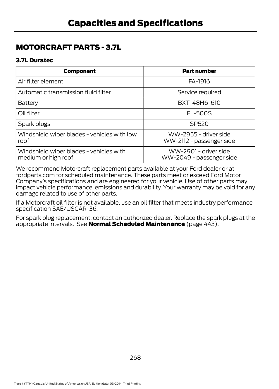 Motorcraft parts, Motorcraft parts - 3.7l, Capacities and specifications | FORD 2015 Transit v.2 User Manual | Page 271 / 467