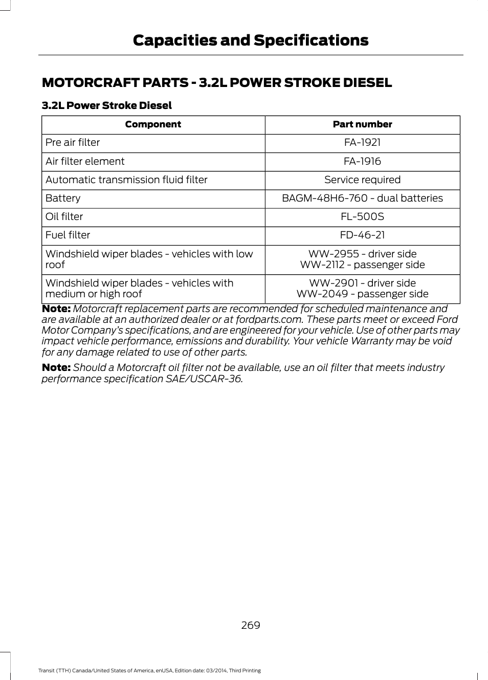 Motorcraft parts, Motorcraft parts - 3.2l power stroke, Diesel | Capacities and specifications, Motorcraft parts - 3.2l power stroke diesel | FORD 2015 Transit v.2 User Manual | Page 272 / 467