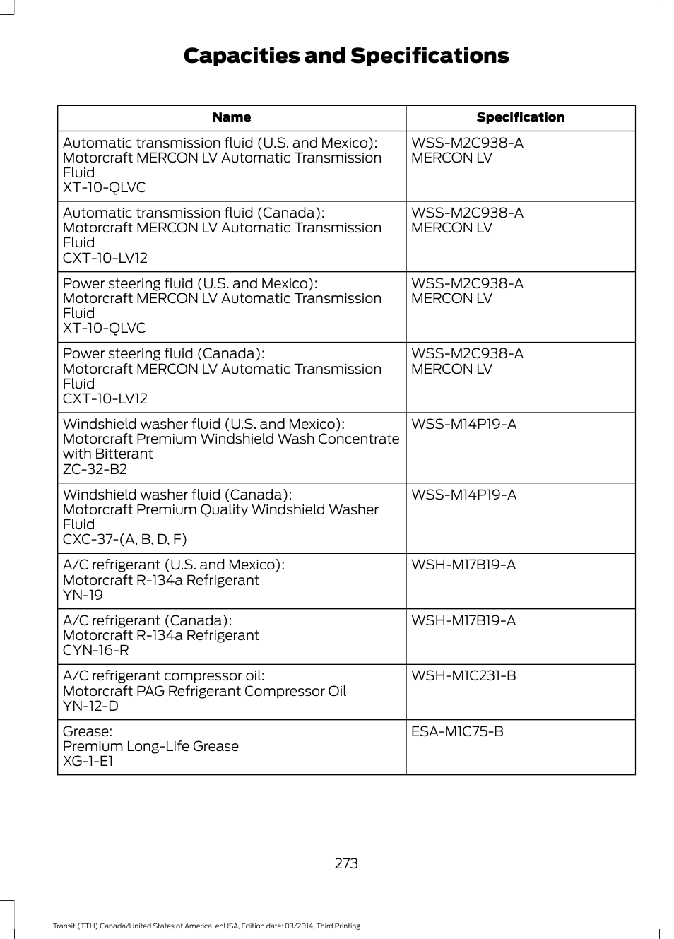Capacities and specifications | FORD 2015 Transit v.2 User Manual | Page 276 / 467
