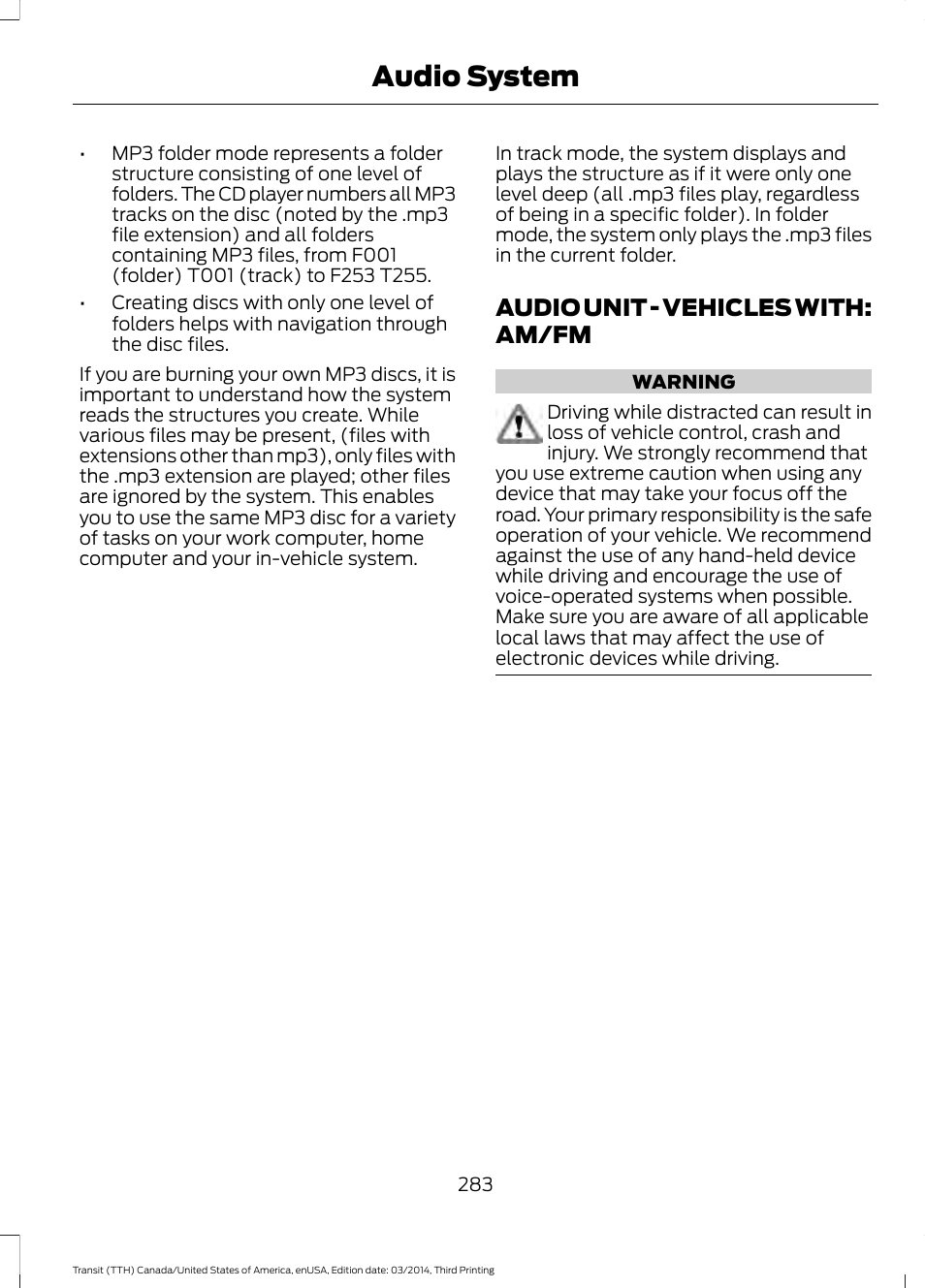 Audio unit, Audio unit - vehicles with: am/fm, Audio system | FORD 2015 Transit v.2 User Manual | Page 286 / 467