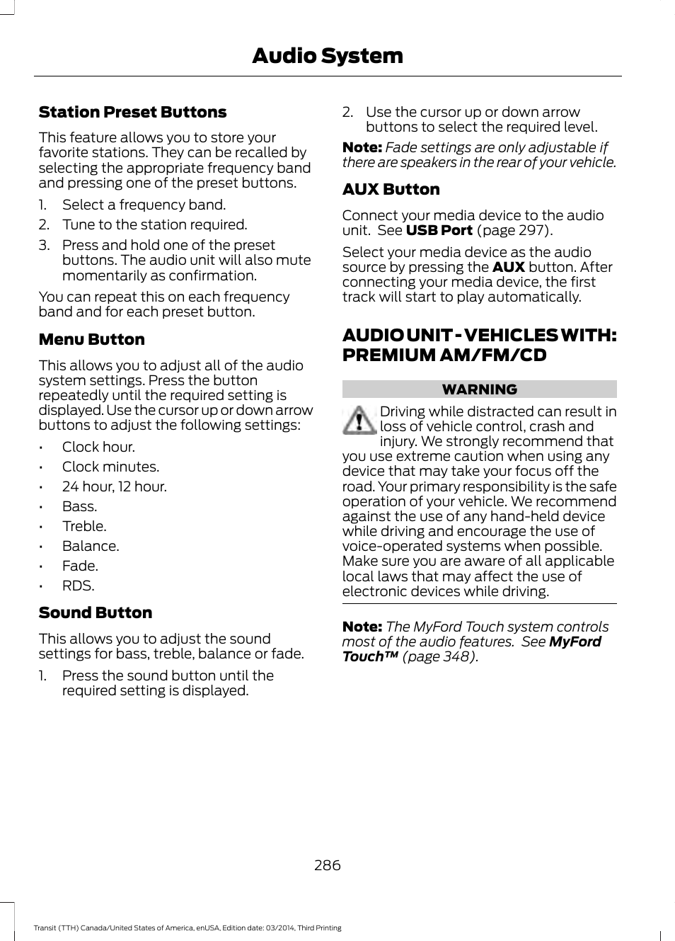 Audio unit, Audio unit - vehicles with: premium am, Fm/cd | Audio system, Audio unit - vehicles with: premium am/fm/cd | FORD 2015 Transit v.2 User Manual | Page 289 / 467