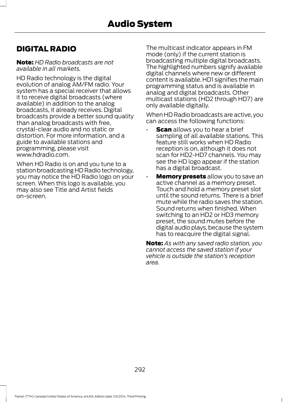 Digital radio, Audio system | FORD 2015 Transit v.2 User Manual | Page 295 / 467