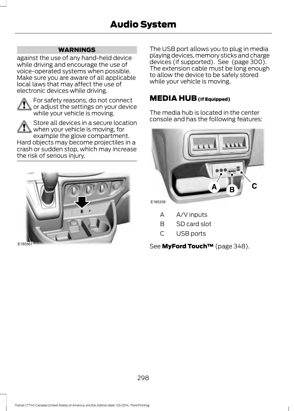 Media hub, Audio system | FORD 2015 Transit v.2 User Manual | Page 301 / 467