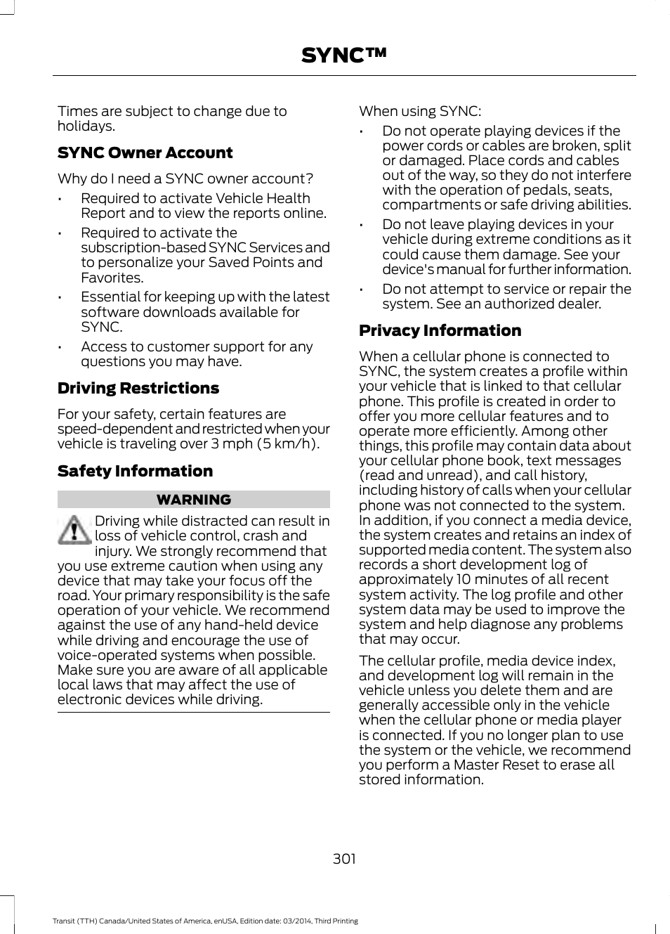 Sync | FORD 2015 Transit v.2 User Manual | Page 304 / 467