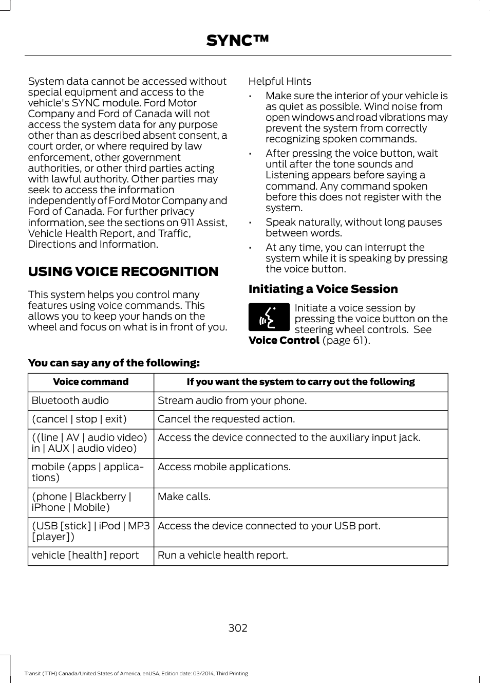 Using voice recognition, Sync | FORD 2015 Transit v.2 User Manual | Page 305 / 467