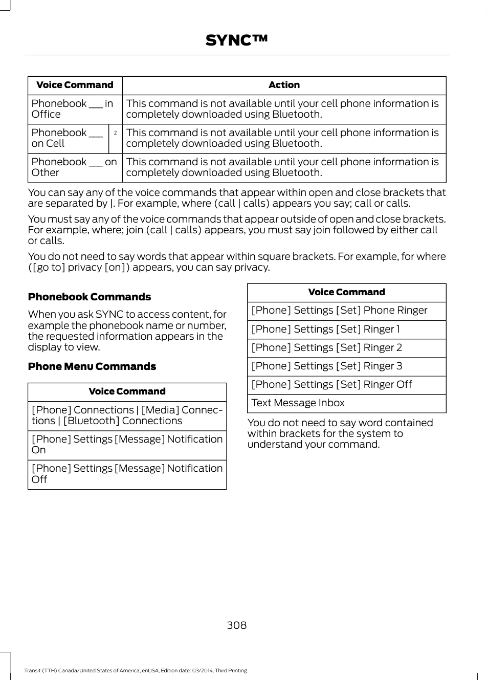 Sync | FORD 2015 Transit v.2 User Manual | Page 311 / 467