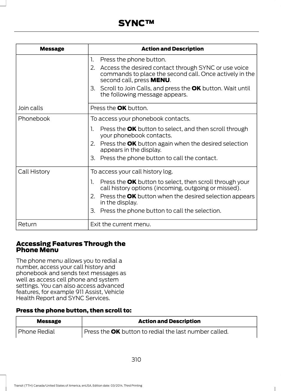 Sync | FORD 2015 Transit v.2 User Manual | Page 313 / 467