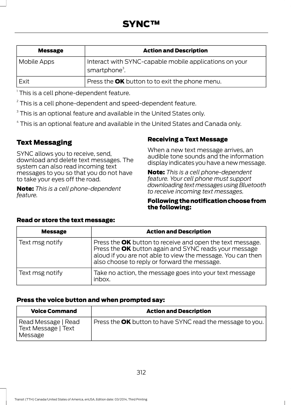 Sync, Text messaging | FORD 2015 Transit v.2 User Manual | Page 315 / 467