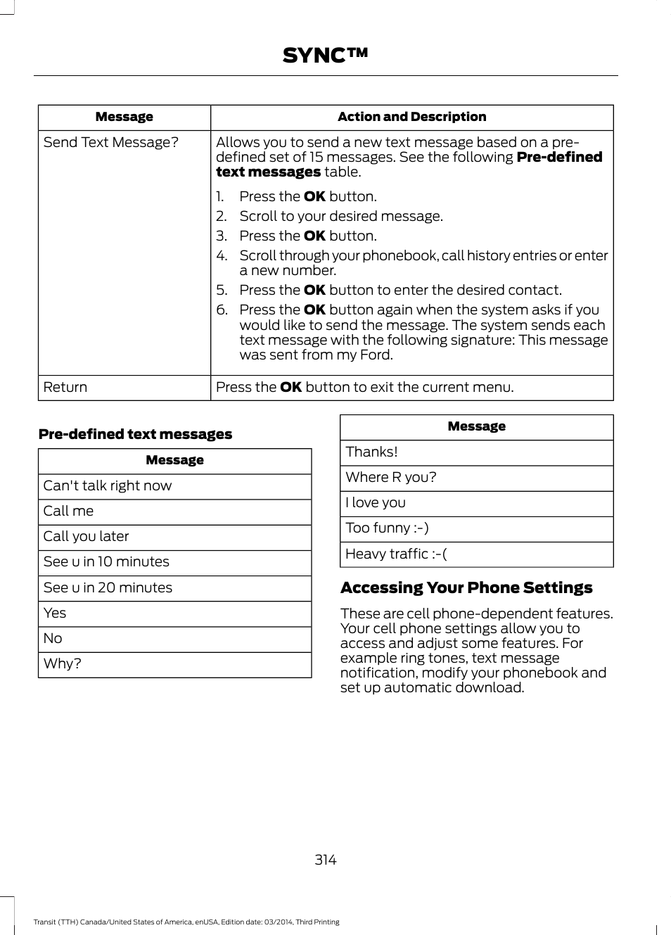 Sync | FORD 2015 Transit v.2 User Manual | Page 317 / 467