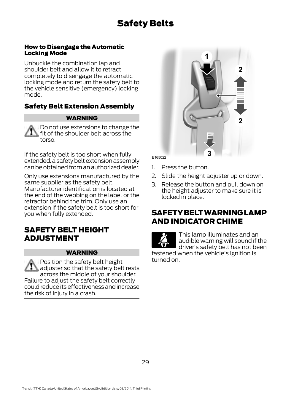 Safety belt height adjustment, Safety belt warning lamp and indicator chime, Chime | Safety belts | FORD 2015 Transit v.2 User Manual | Page 32 / 467