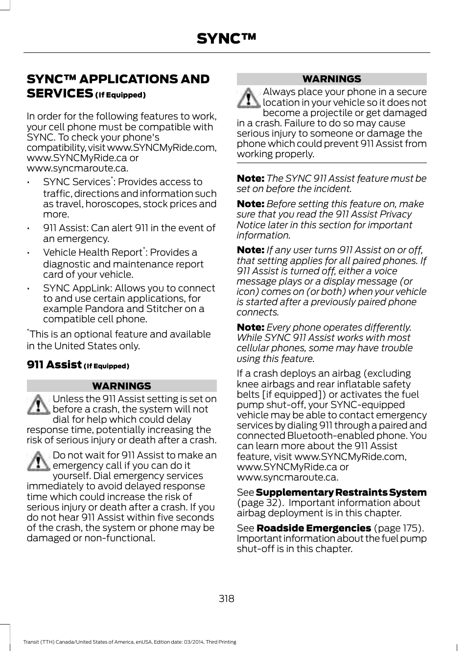 Sync™ applications and services, Sync | FORD 2015 Transit v.2 User Manual | Page 321 / 467