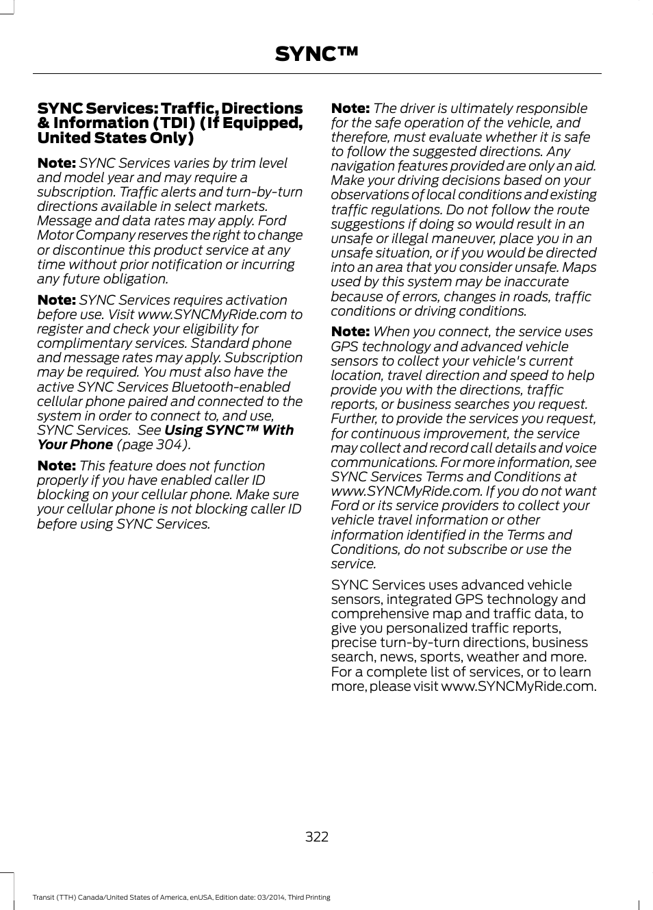 Sync | FORD 2015 Transit v.2 User Manual | Page 325 / 467