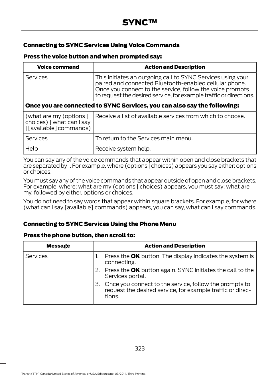 Sync | FORD 2015 Transit v.2 User Manual | Page 326 / 467