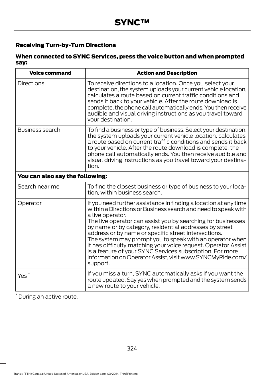 Sync | FORD 2015 Transit v.2 User Manual | Page 327 / 467