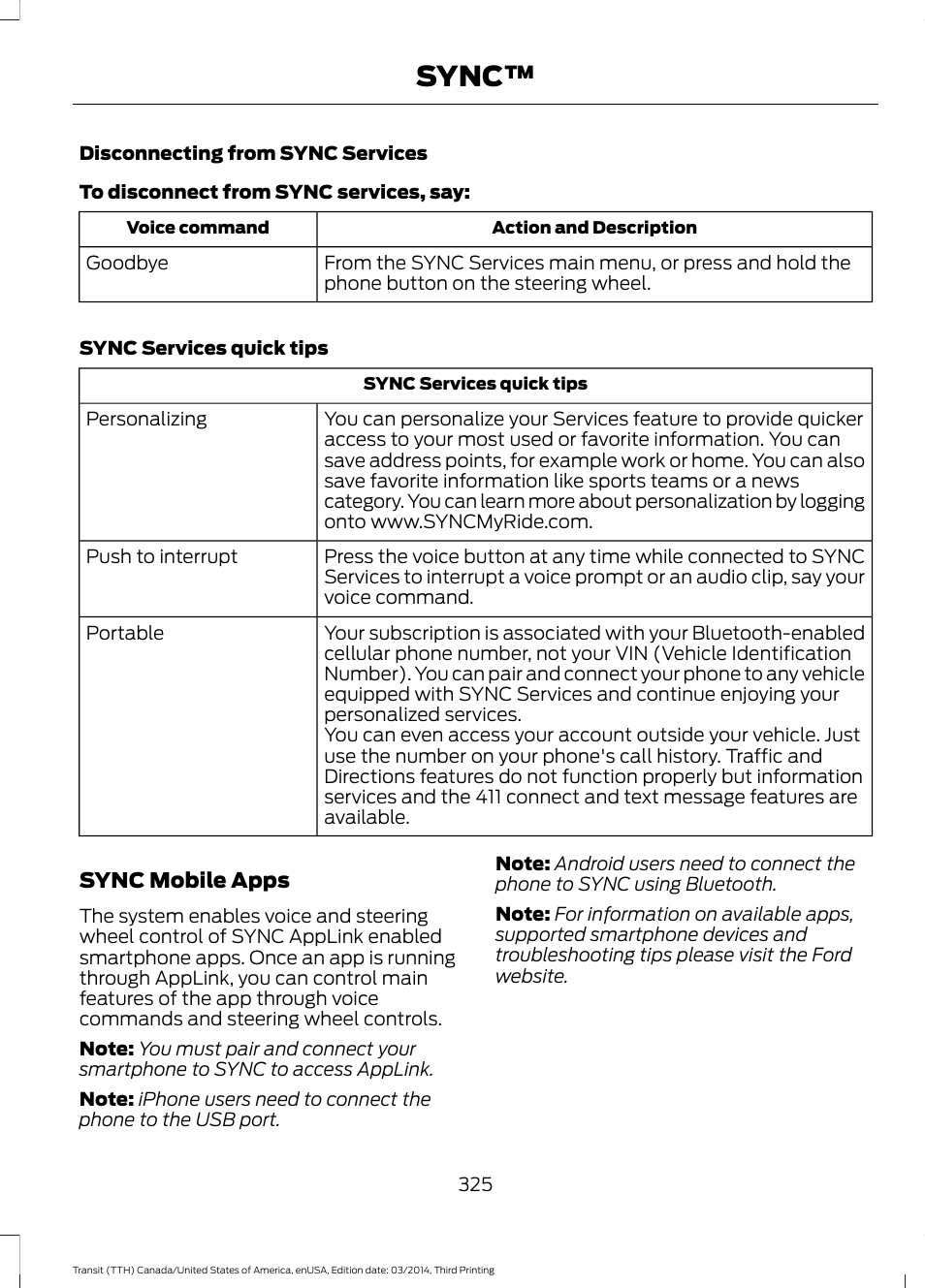 Sync | FORD 2015 Transit v.2 User Manual | Page 328 / 467