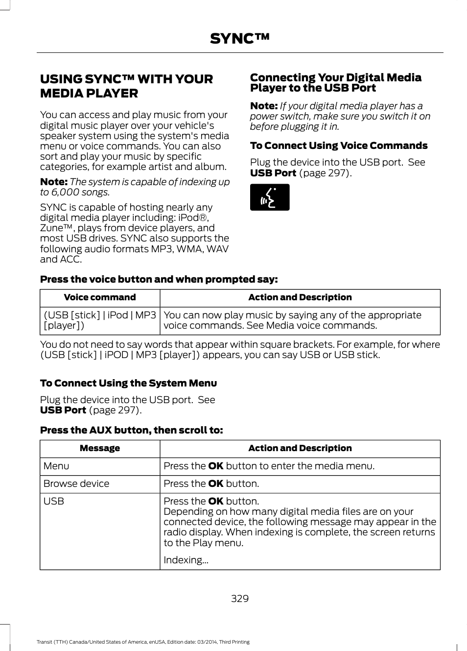 Using sync™ with your media player, Using sync™ with your media, Player | Sync | FORD 2015 Transit v.2 User Manual | Page 332 / 467