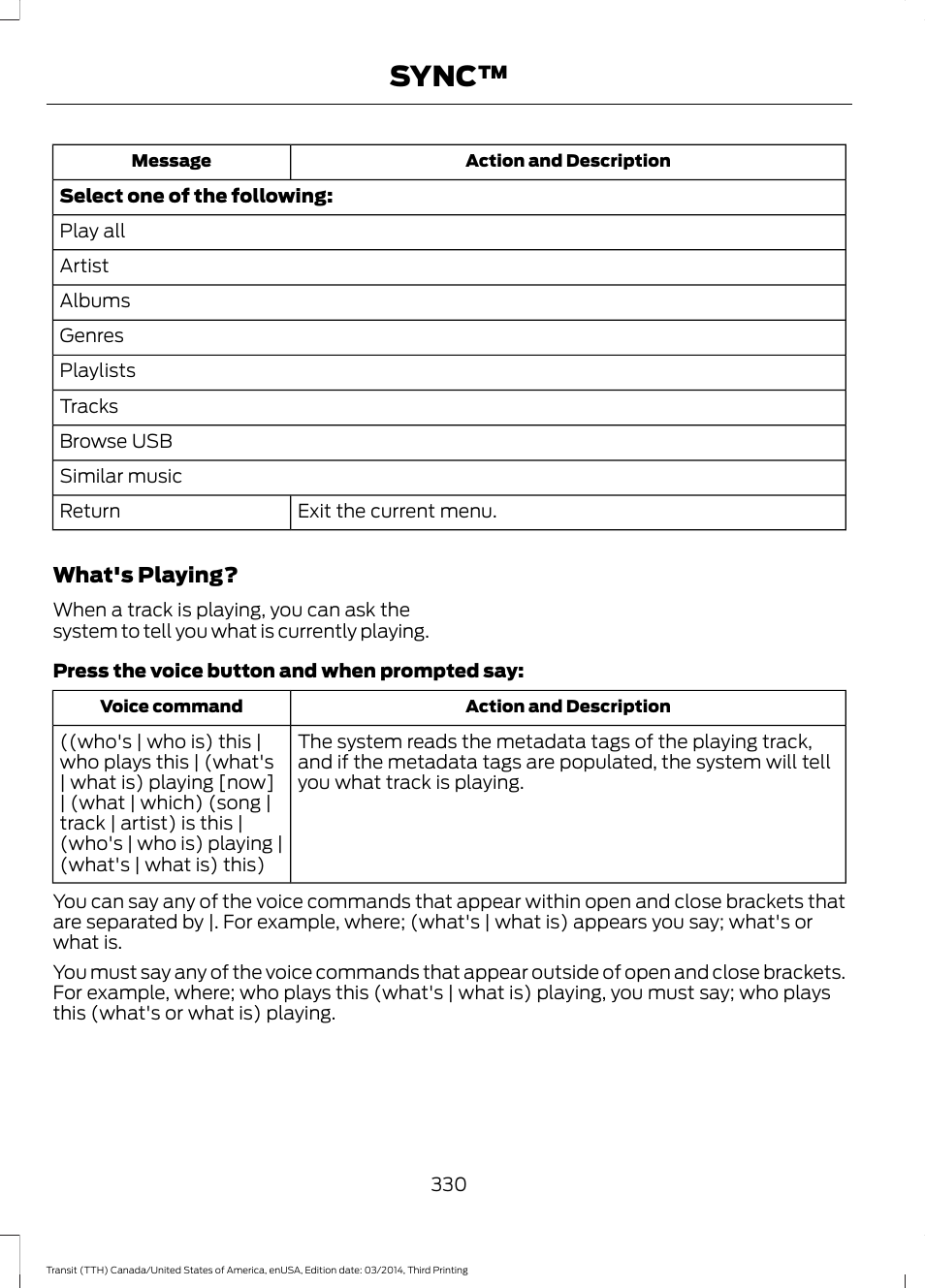 Sync | FORD 2015 Transit v.2 User Manual | Page 333 / 467