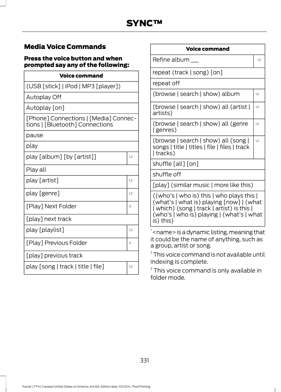 Sync, Media voice commands | FORD 2015 Transit v.2 User Manual | Page 334 / 467
