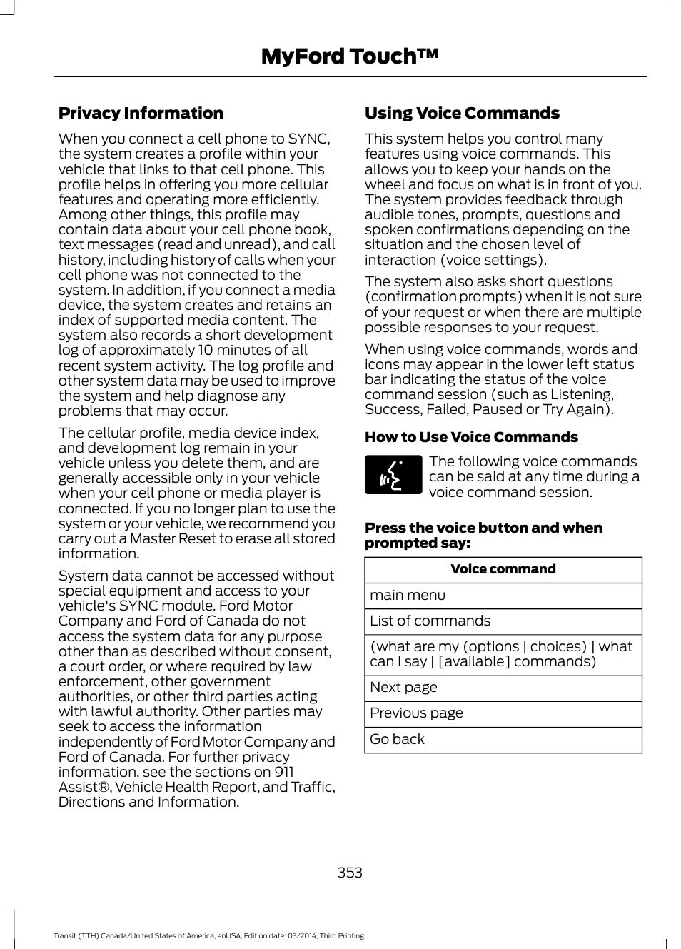 Myford touch | FORD 2015 Transit v.2 User Manual | Page 356 / 467