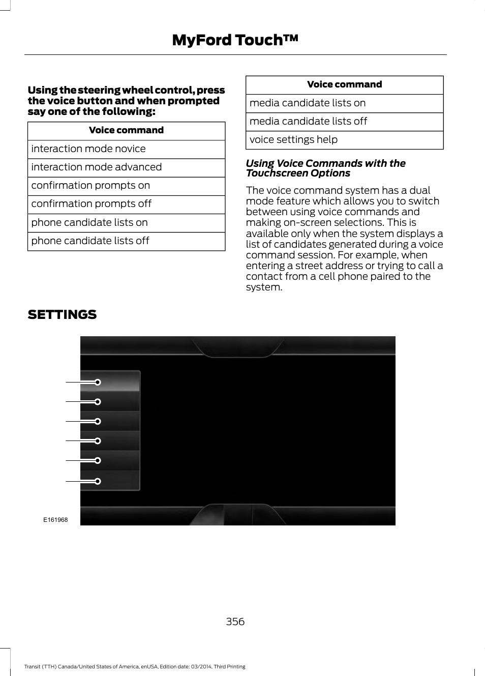 Settings, Myford touch | FORD 2015 Transit v.2 User Manual | Page 359 / 467