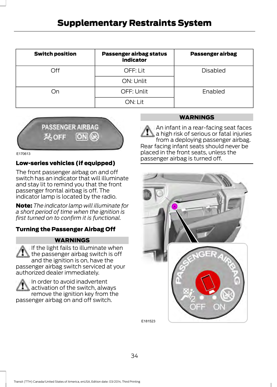 Supplementary restraints system | FORD 2015 Transit v.2 User Manual | Page 37 / 467
