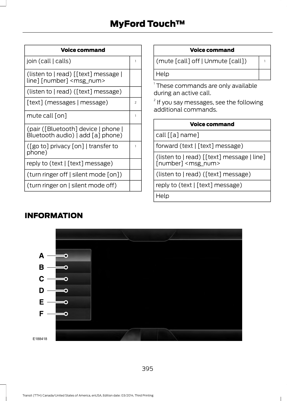 Information, Myford touch | FORD 2015 Transit v.2 User Manual | Page 398 / 467