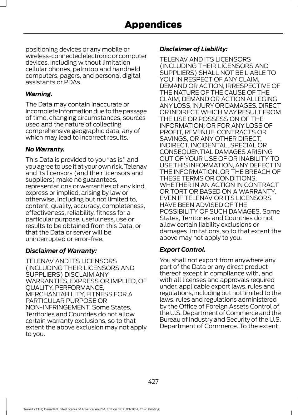 Appendices | FORD 2015 Transit v.2 User Manual | Page 430 / 467