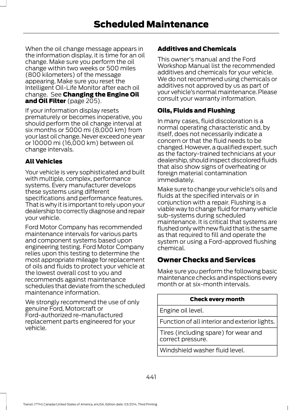 Scheduled maintenance | FORD 2015 Transit v.2 User Manual | Page 444 / 467