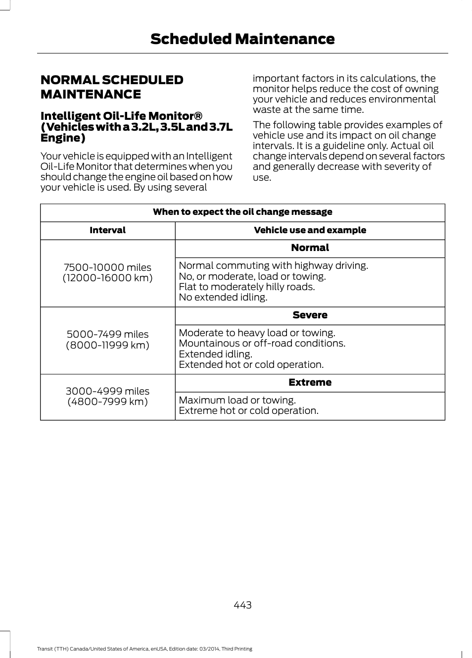 Normal scheduled maintenance, Scheduled maintenance | FORD 2015 Transit v.2 User Manual | Page 446 / 467