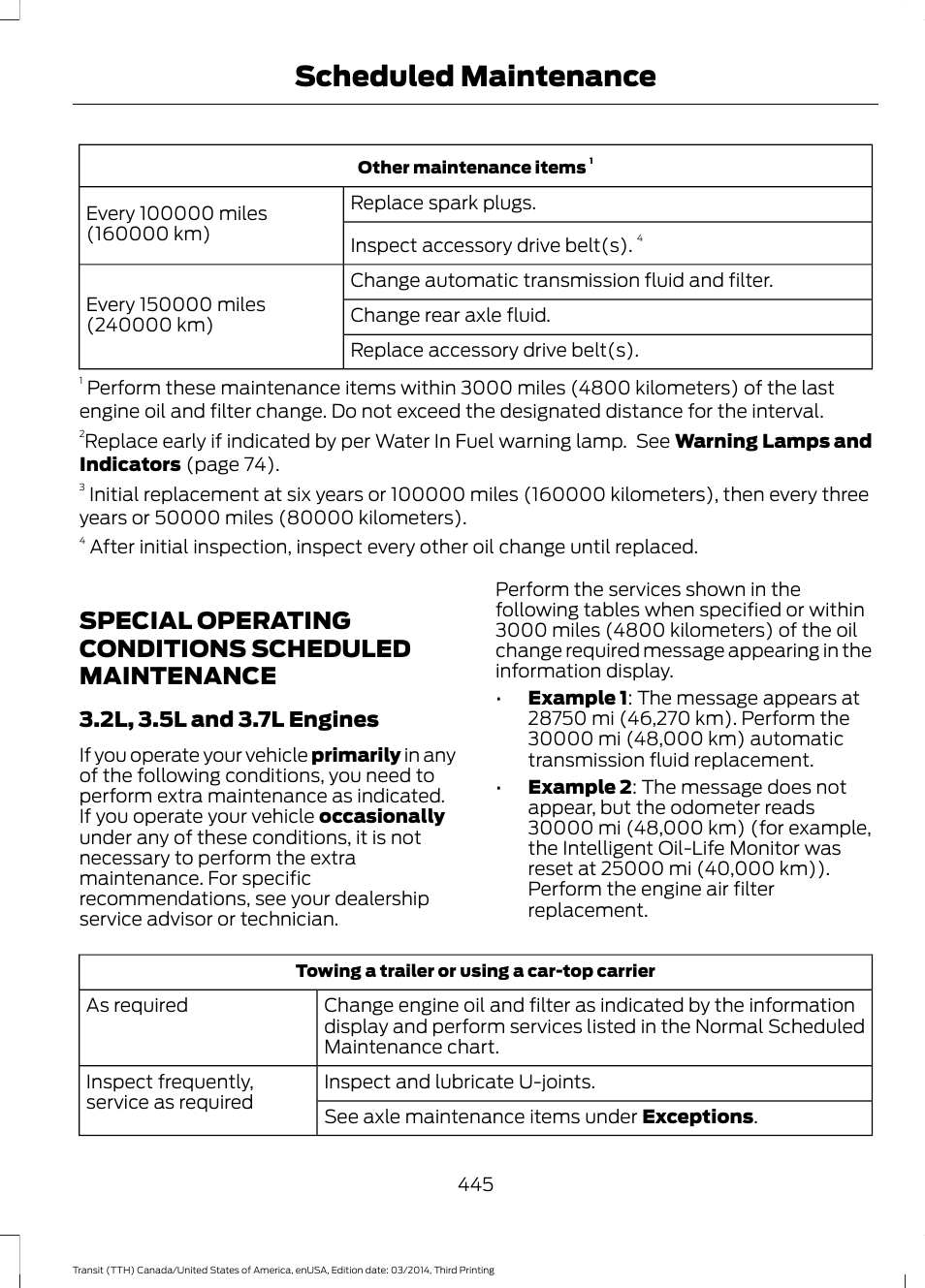 Special operating conditions scheduled maintenance, Special operating conditions scheduled, Maintenance | Scheduled maintenance | FORD 2015 Transit v.2 User Manual | Page 448 / 467