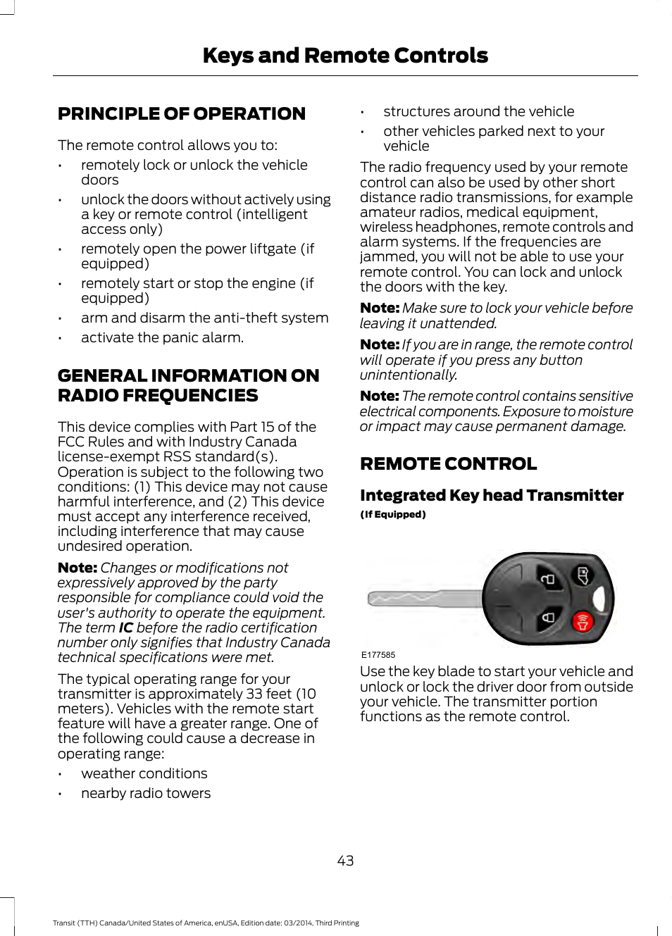 Keys and remote controls, Principle of operation, General information on radio frequencies | Remote control, Frequencies | FORD 2015 Transit v.2 User Manual | Page 46 / 467