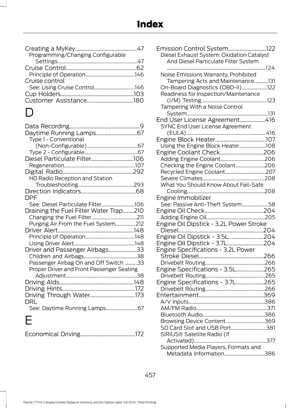 Index | FORD 2015 Transit v.2 User Manual | Page 460 / 467