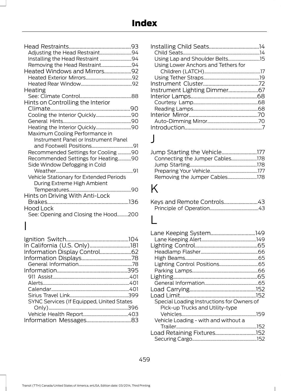 Index | FORD 2015 Transit v.2 User Manual | Page 462 / 467