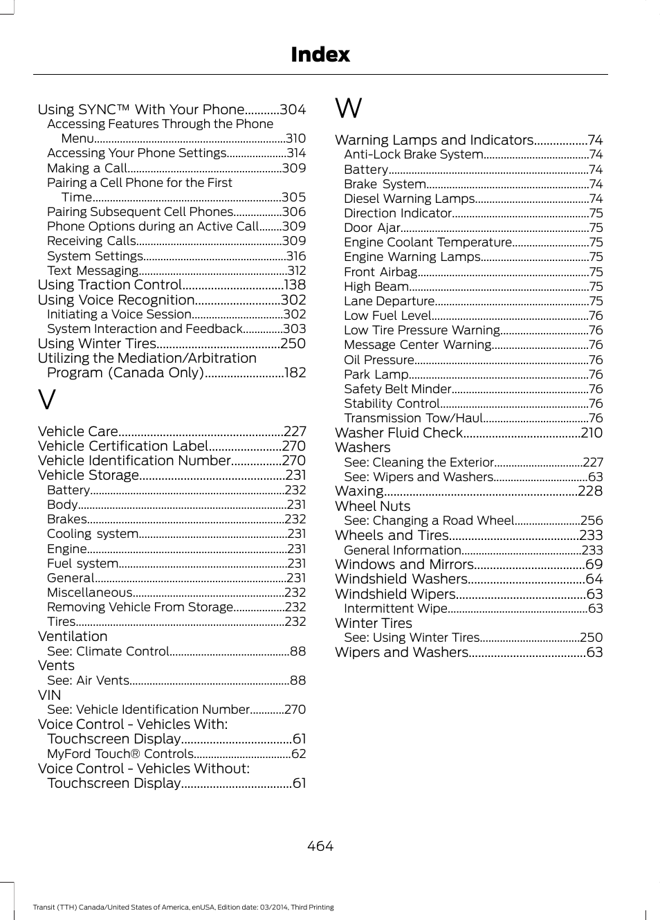 Index | FORD 2015 Transit v.2 User Manual | Page 467 / 467