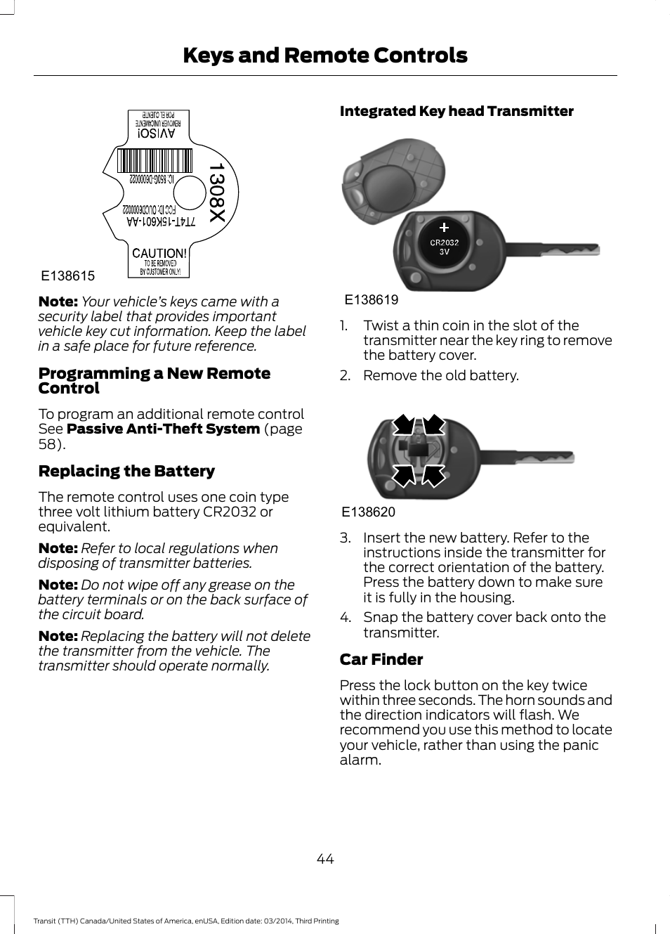 Keys and remote controls | FORD 2015 Transit v.2 User Manual | Page 47 / 467