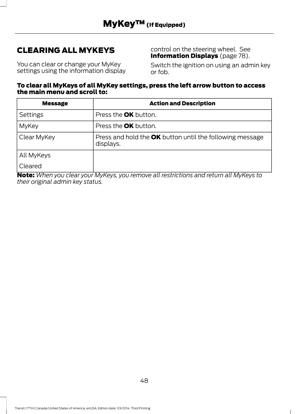 Clearing all mykeys, Mykey | FORD 2015 Transit v.2 User Manual | Page 51 / 467