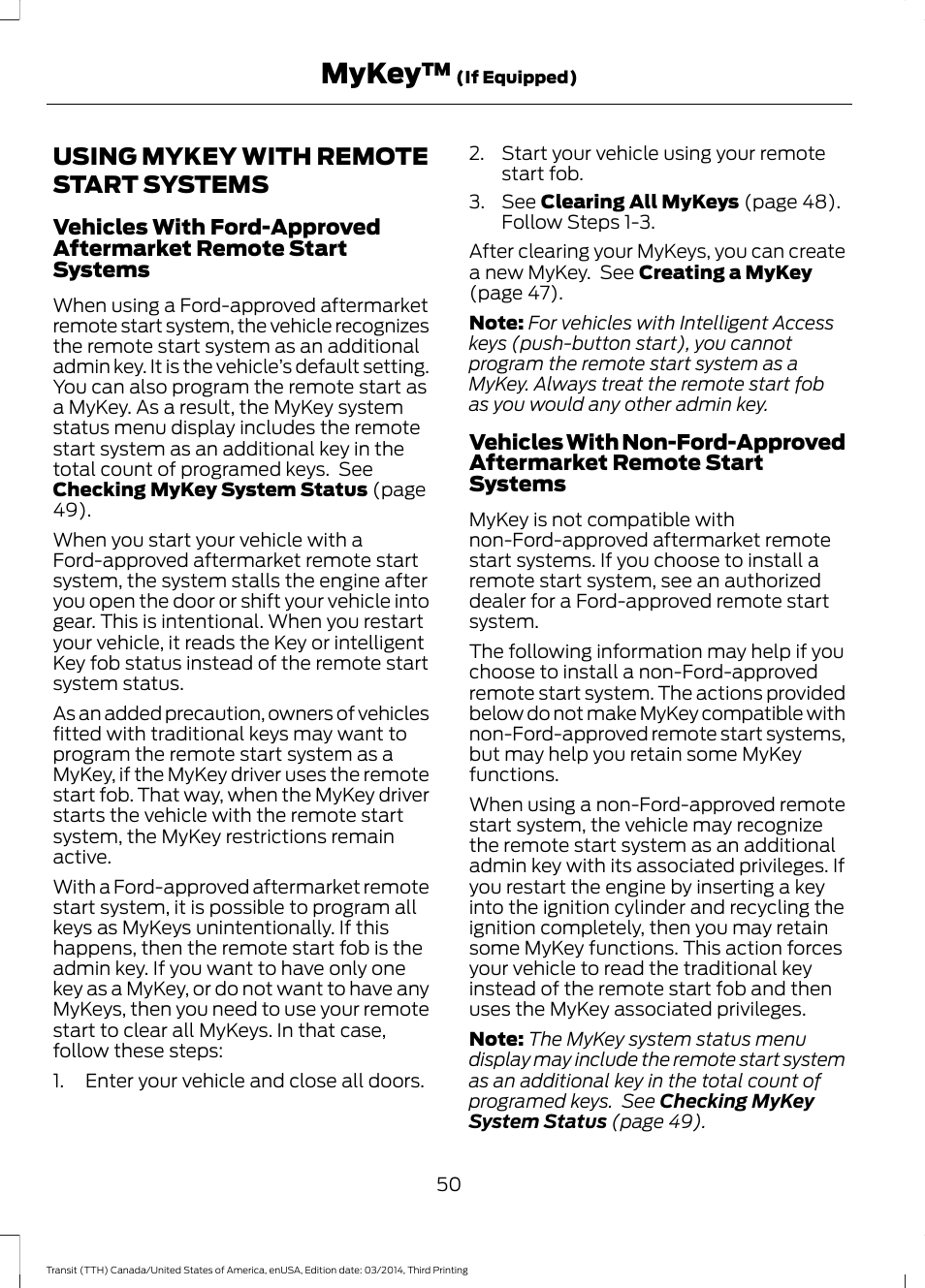 Using mykey with remote start systems, Using mykey with remote start, Systems | Mykey | FORD 2015 Transit v.2 User Manual | Page 53 / 467