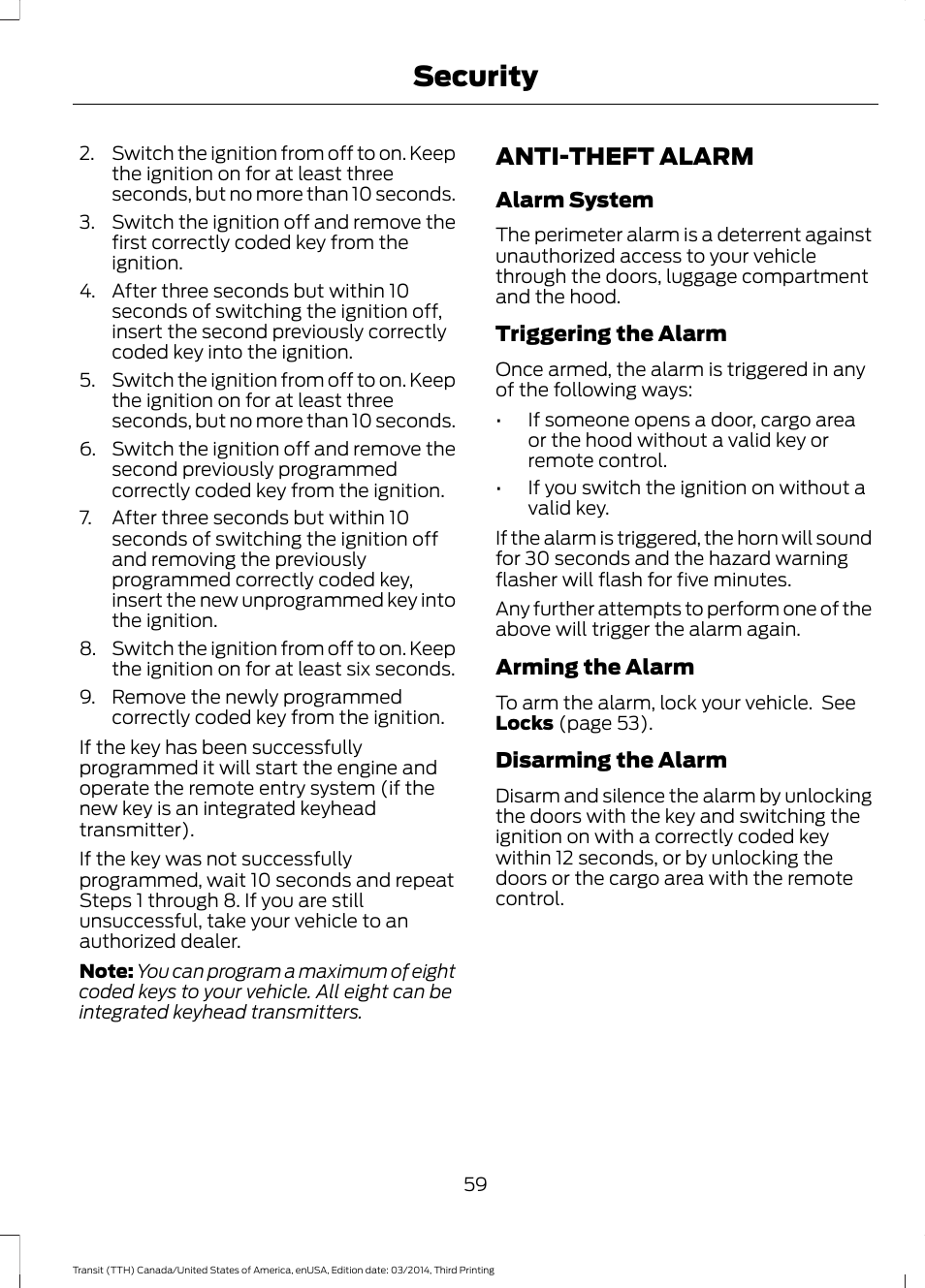 Anti-theft alarm, Security | FORD 2015 Transit v.2 User Manual | Page 62 / 467