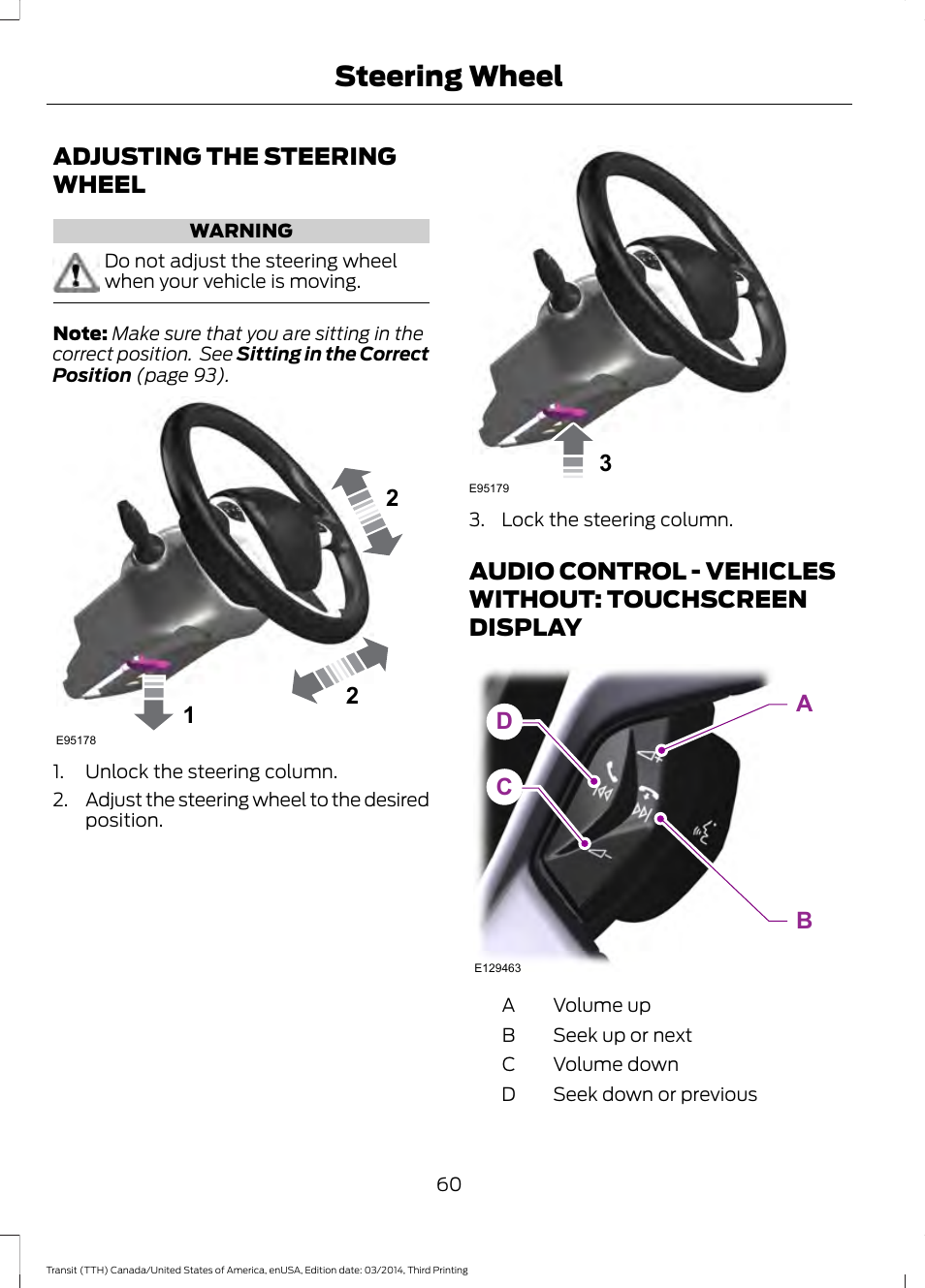 Steering wheel, Adjusting the steering wheel, Audio control | Touchscreen display | FORD 2015 Transit v.2 User Manual | Page 63 / 467