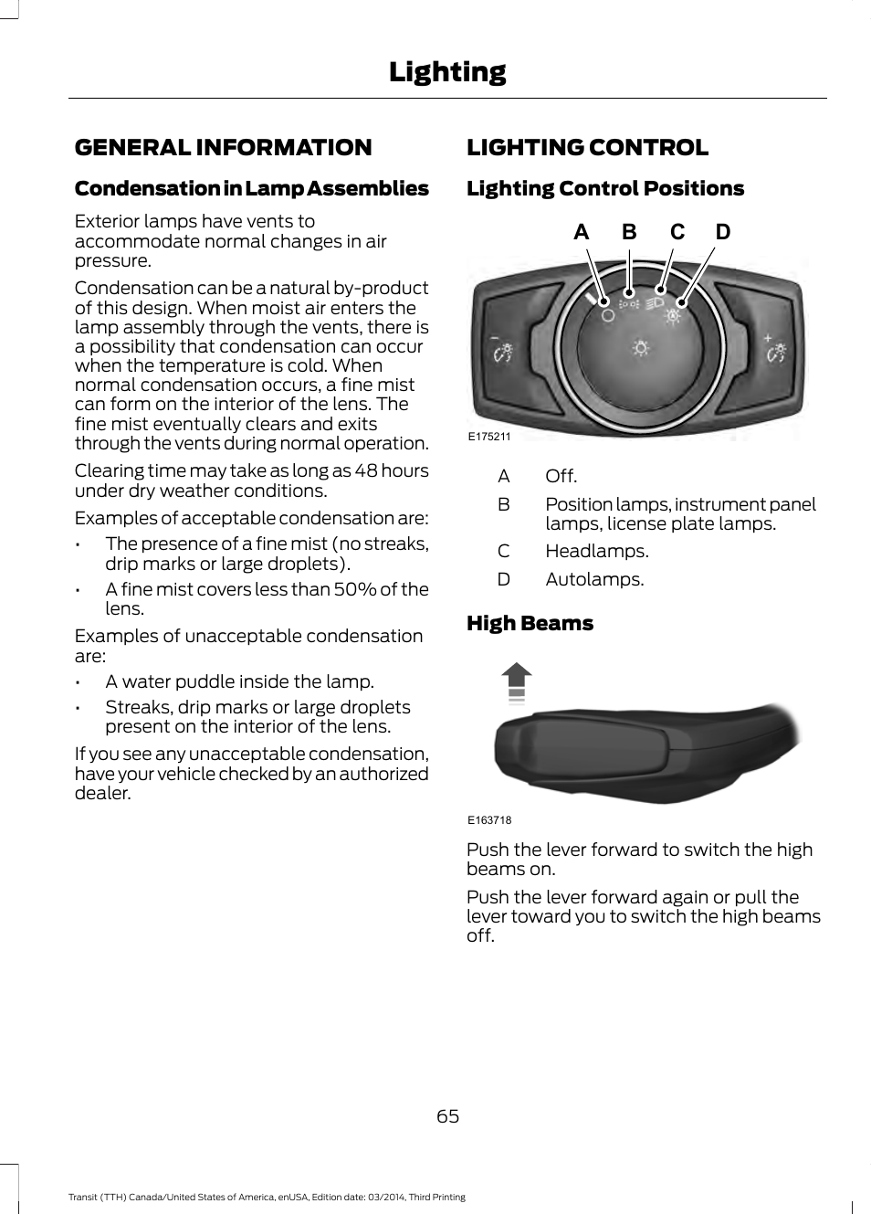 Lighting, General information, Lighting control | General information lighting control, Ab c d | FORD 2015 Transit v.2 User Manual | Page 68 / 467