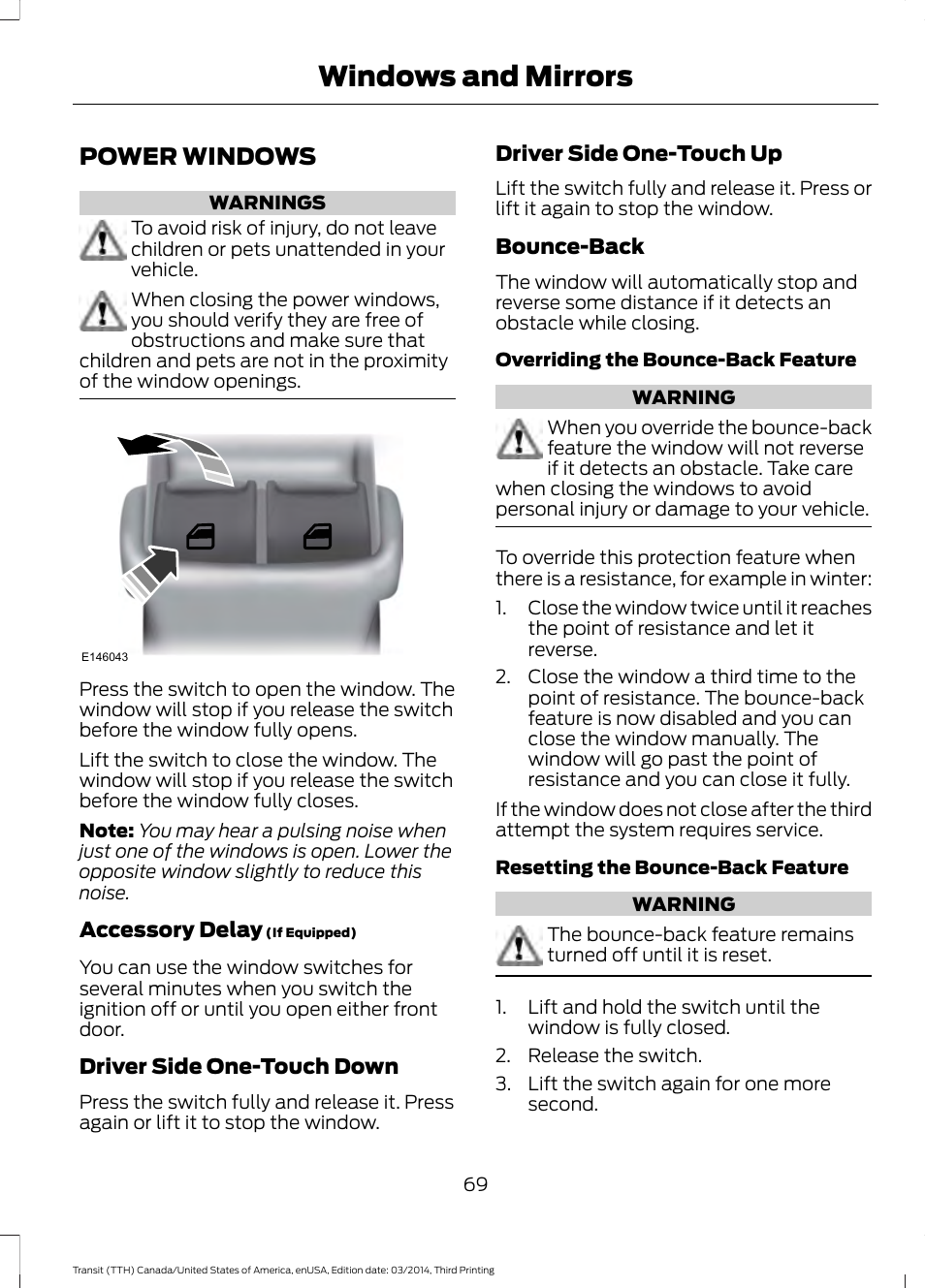 Windows and mirrors, Power windows | FORD 2015 Transit v.2 User Manual | Page 72 / 467