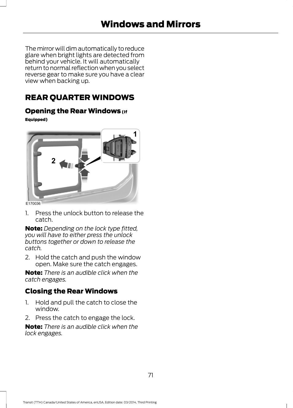 Rear quarter windows, Windows and mirrors | FORD 2015 Transit v.2 User Manual | Page 74 / 467
