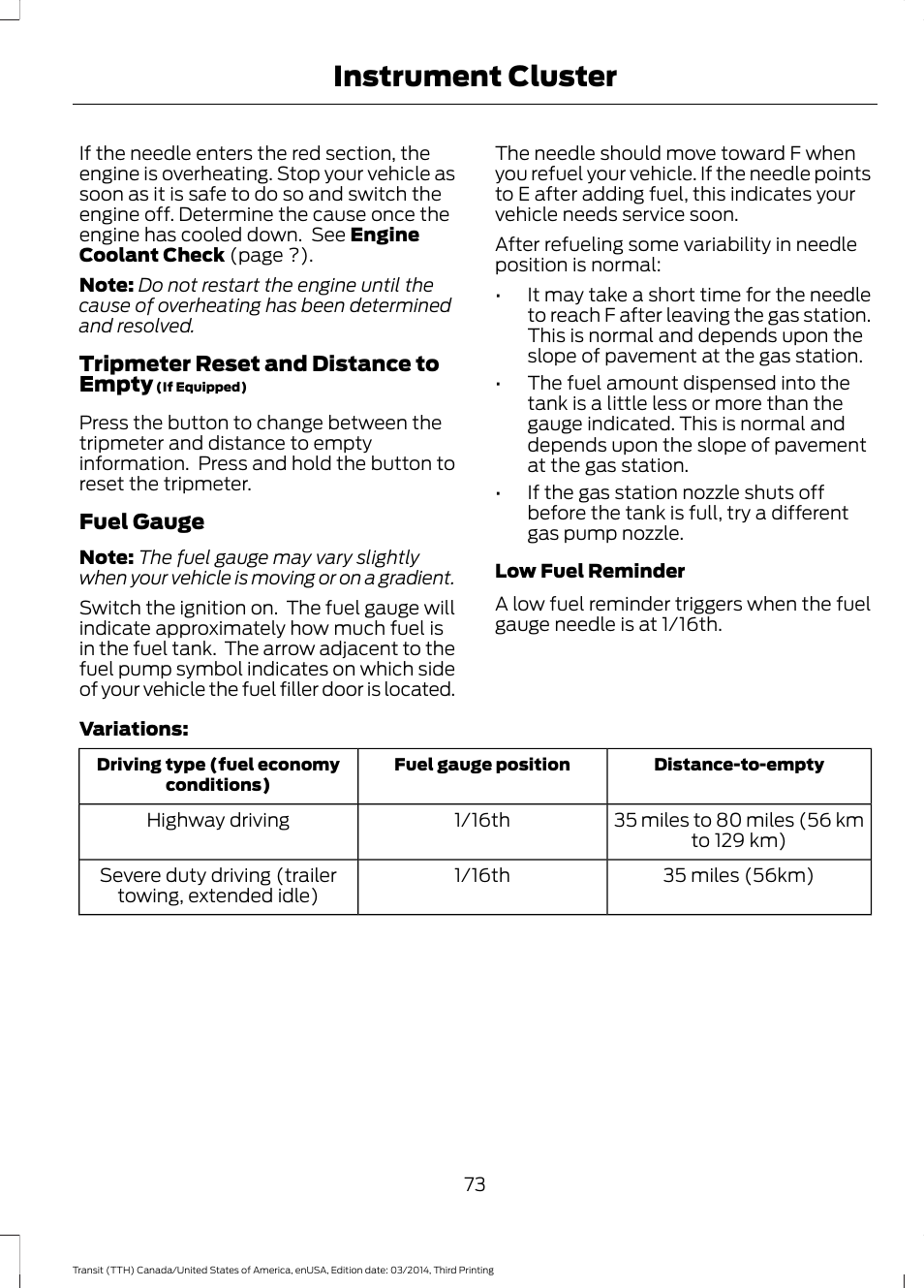 Instrument cluster | FORD 2015 Transit v.2 User Manual | Page 76 / 467